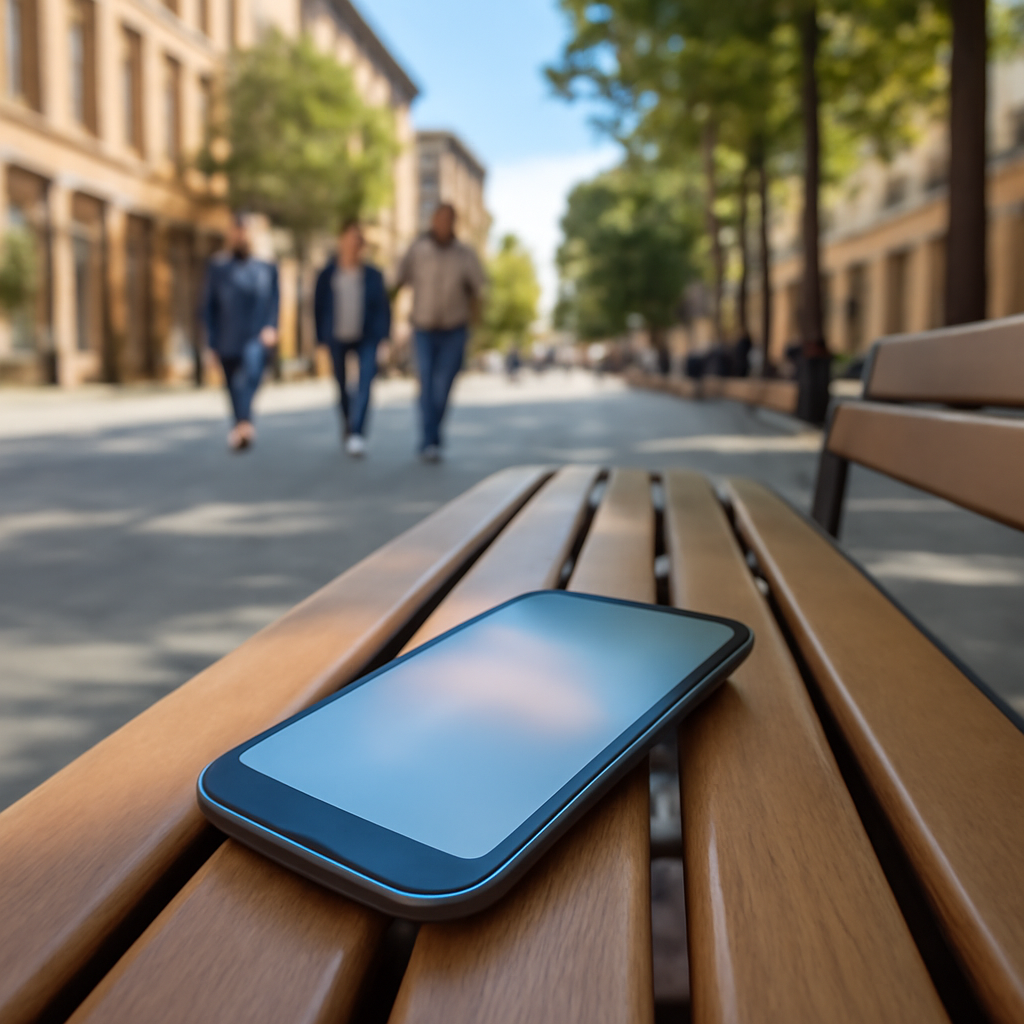 Smartphone sits on park bench with blurred screen, surrounded by city street and pedestrians.
