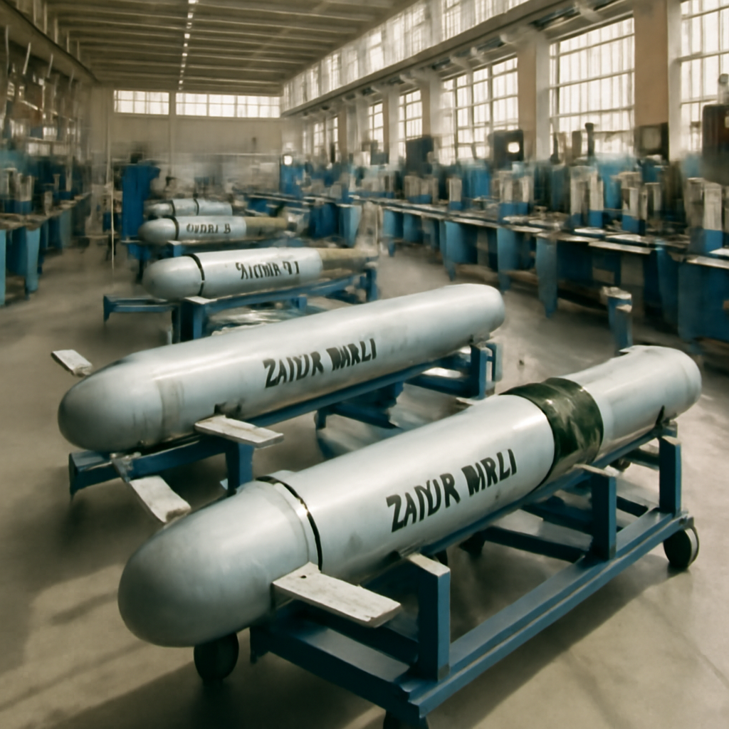 Tomahawk cruise missiles in production on a factory floor with workers and machinery.
