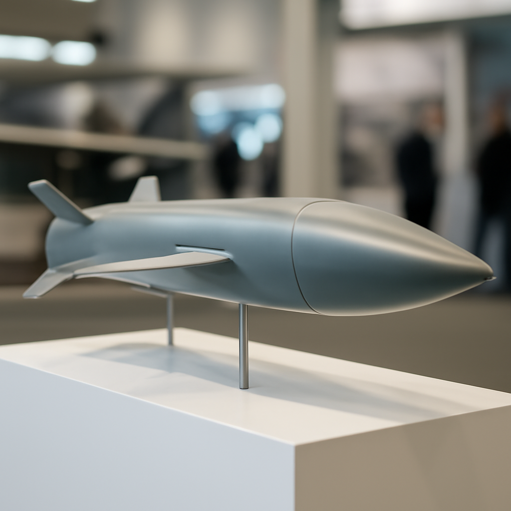 Sleek military glide weapon displayed on pedestal against neutral background.