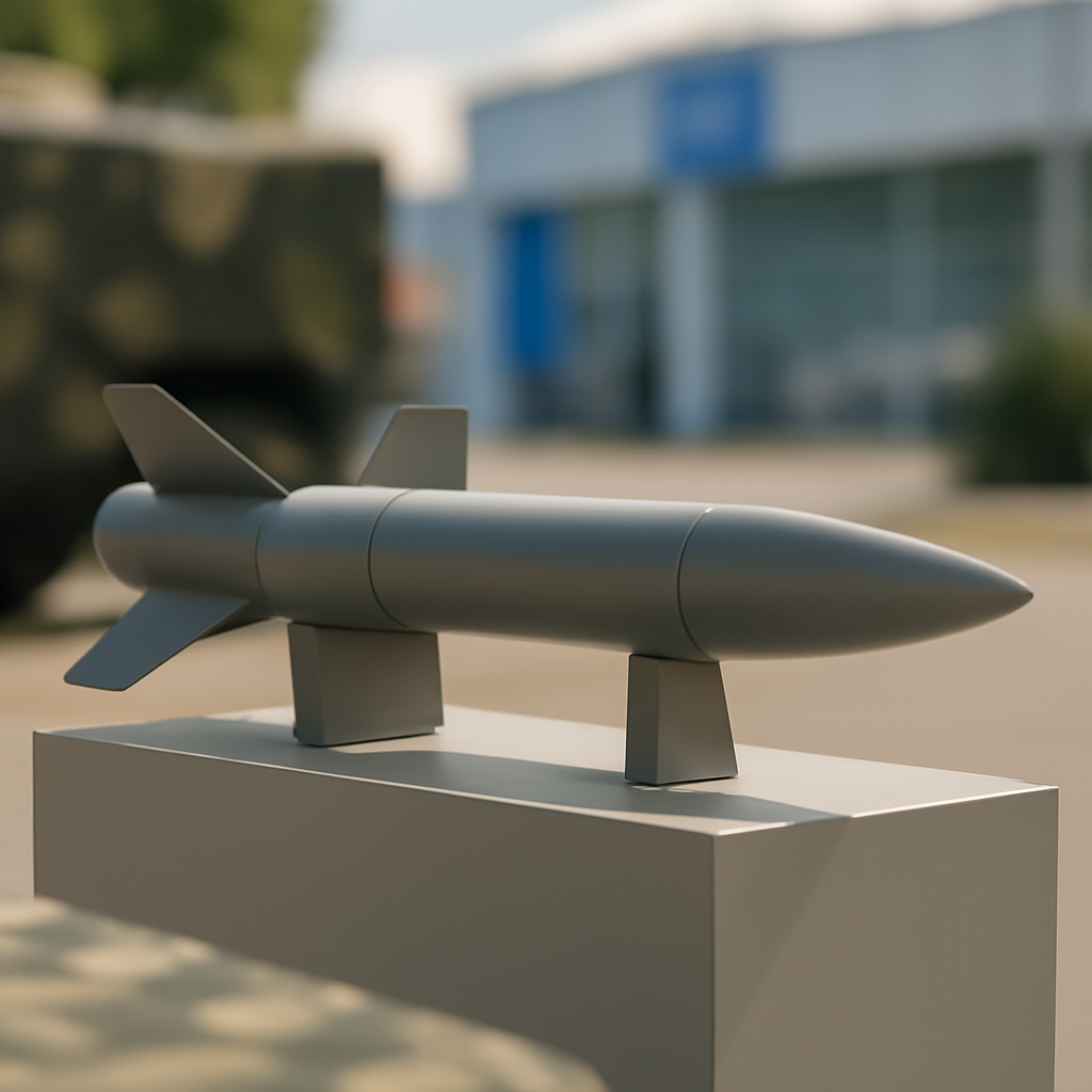 Sleek counter-drone interceptor on display stand at tech showcase.