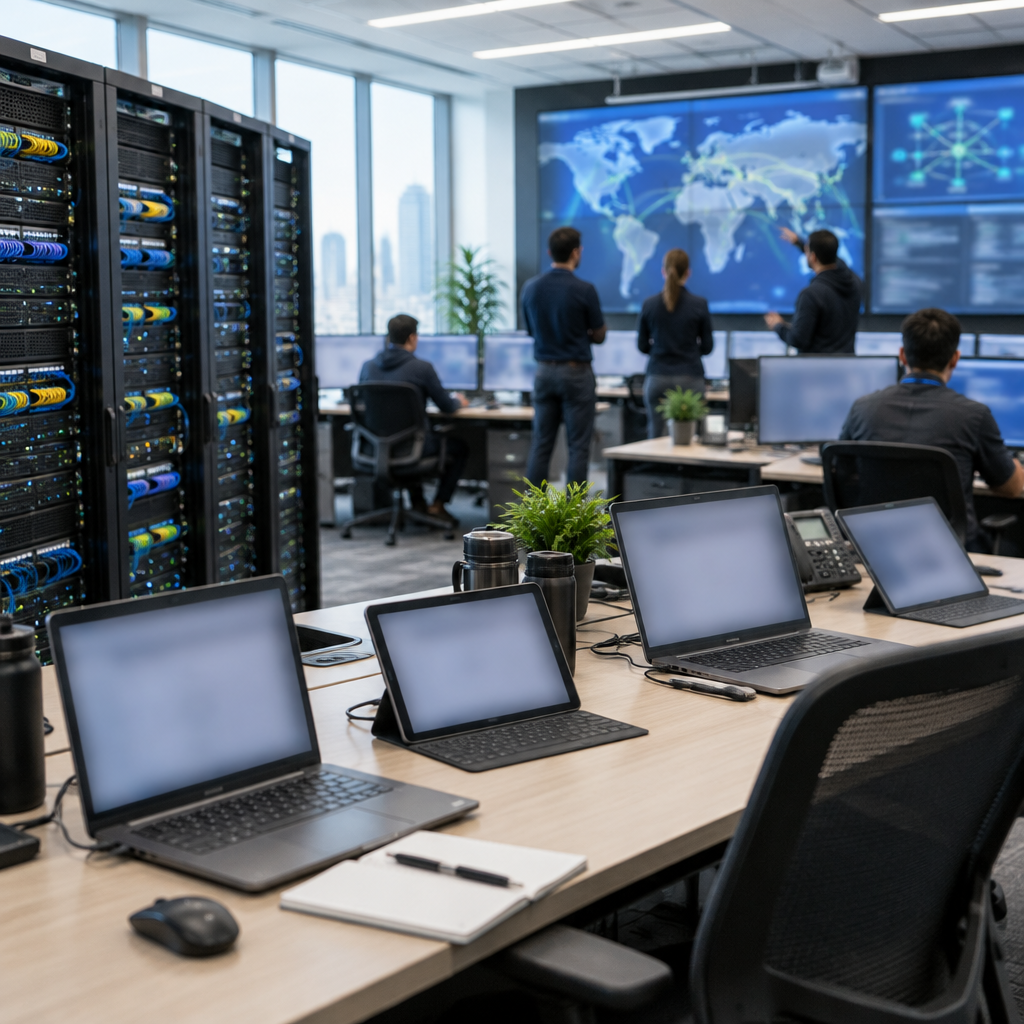 Technicians monitor a large wall screen displaying a world map in a network operations center with rows of server racks and…