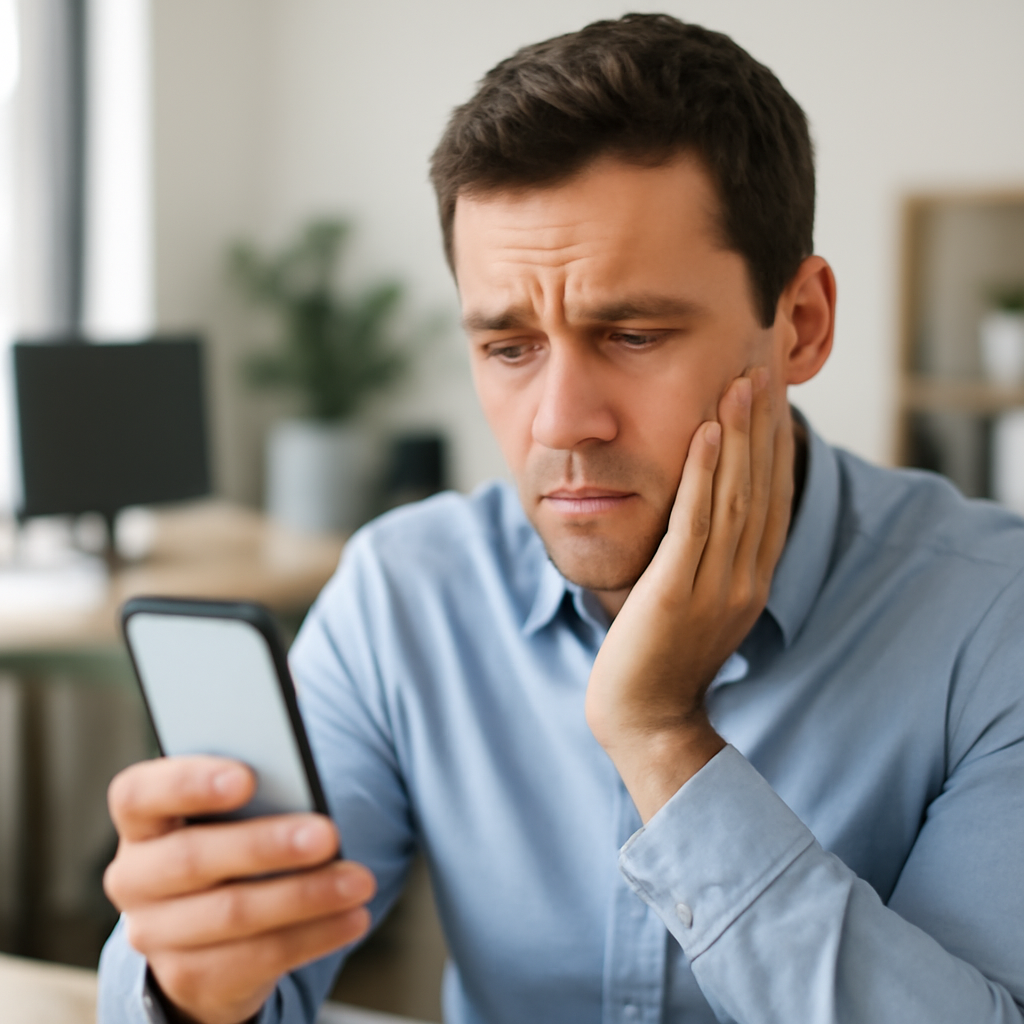 Person in modern office looks concerned at blank smartphone screen.