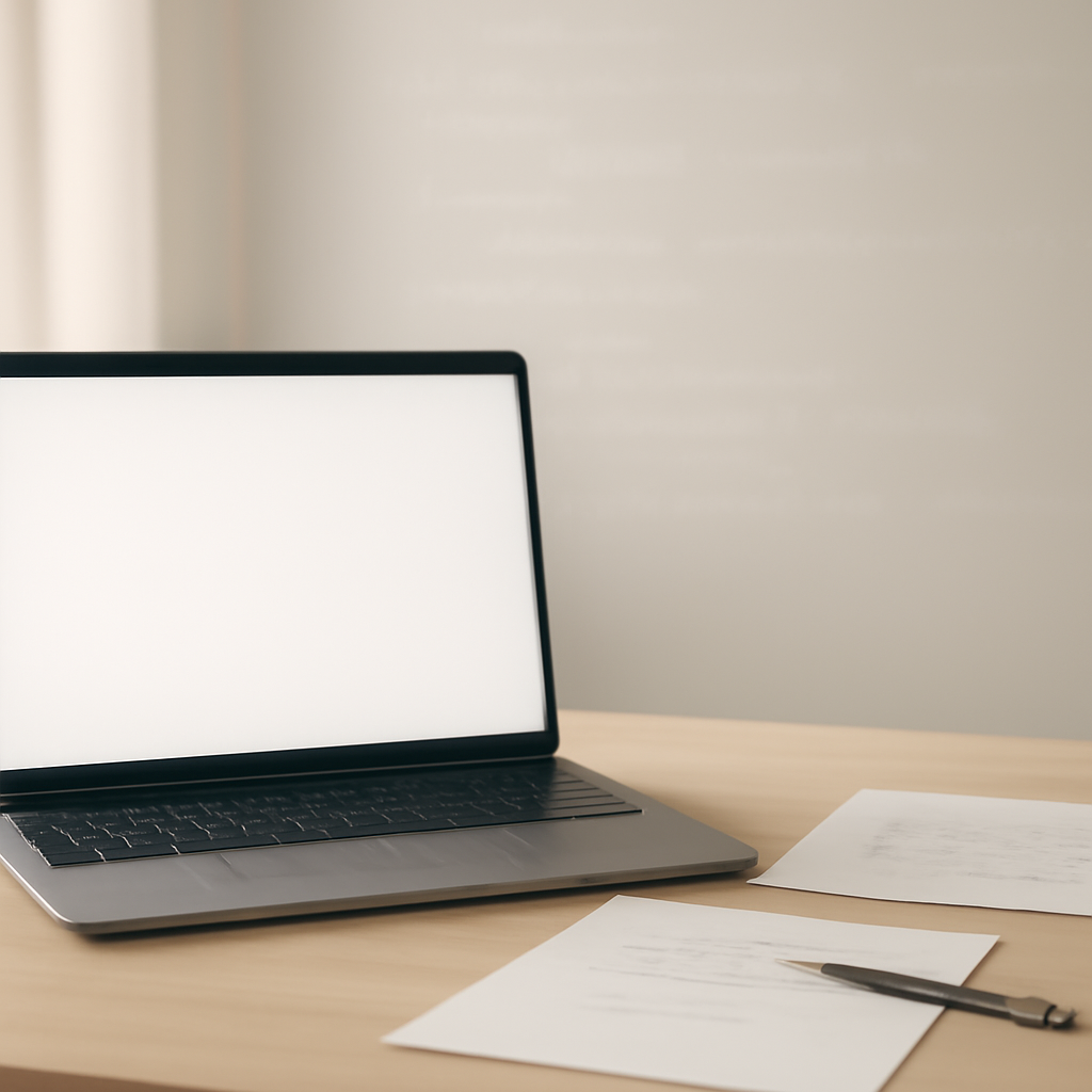 Developer workstation with laptop and papers on a neutral background.