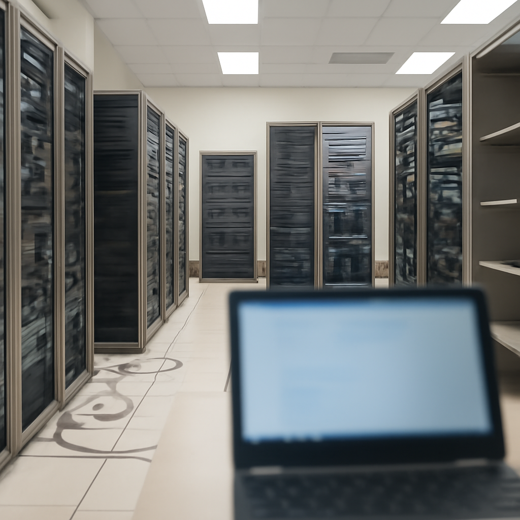 Rows of computer servers and networking equipment in a neutral server room with cables on the floor and a single…