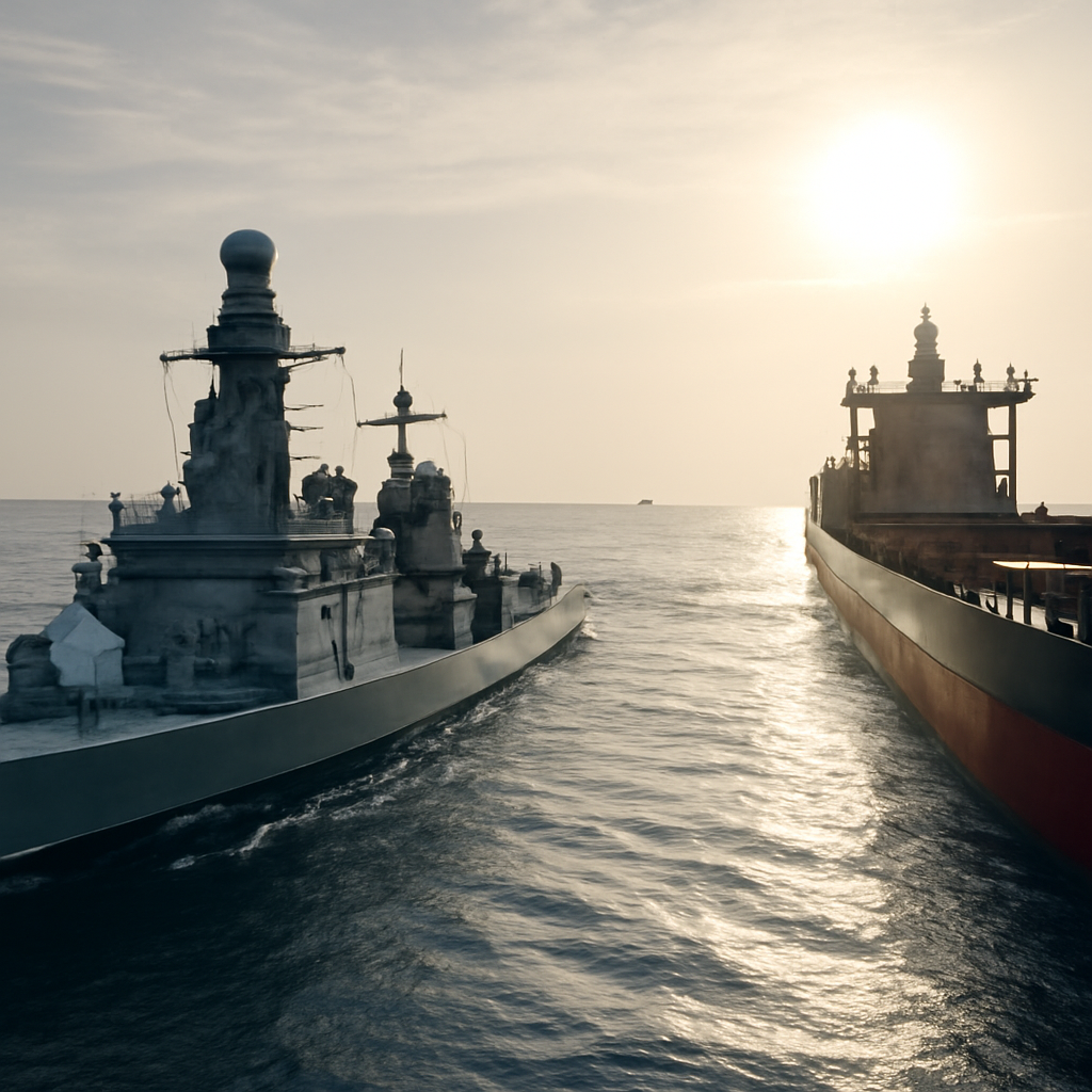 Warship escorts commercial vessel in calm Red Sea waters.