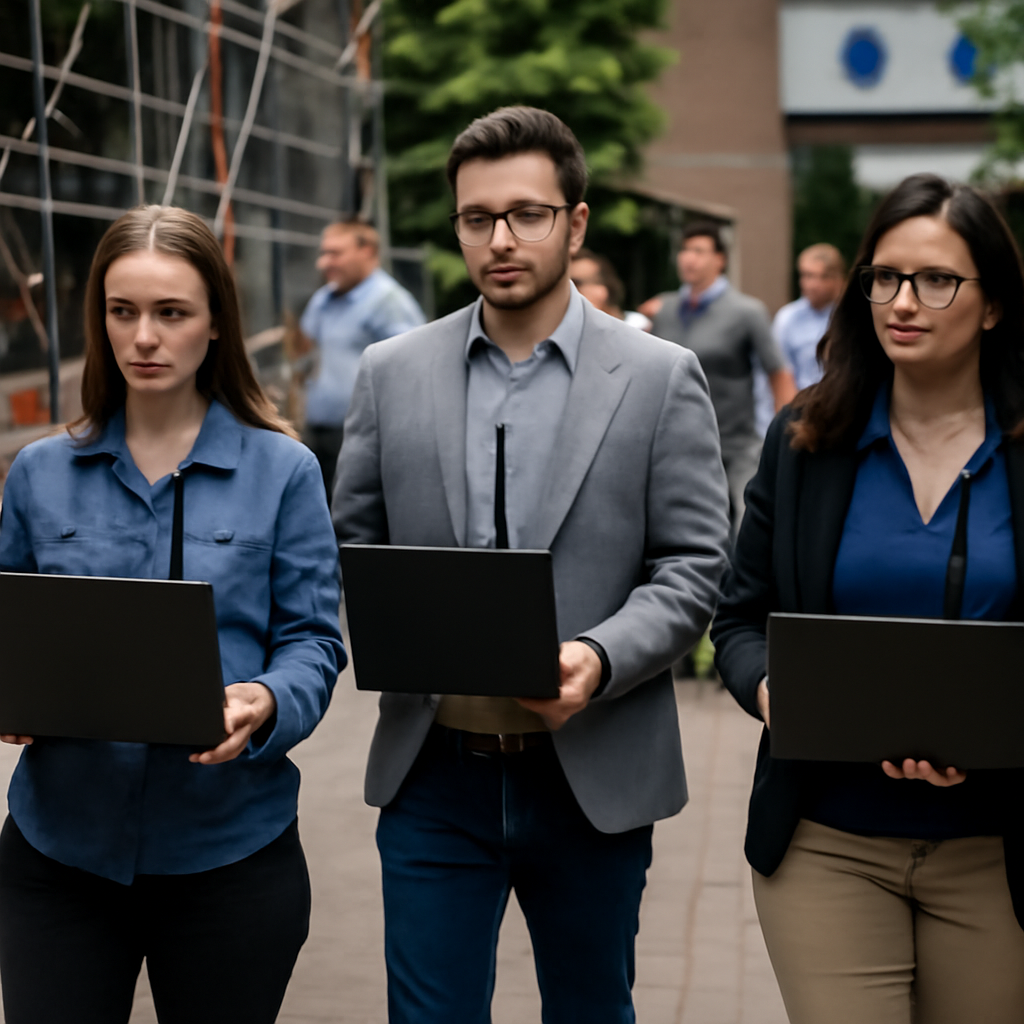Three individuals in business casual attire walk through a campus quad carrying laptops with antennas, surrounded by…