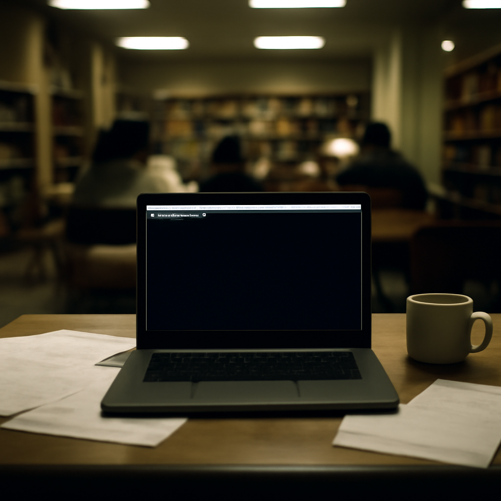 Dimly lit public library setting with laptop showing a Terminal window and command line prompt.