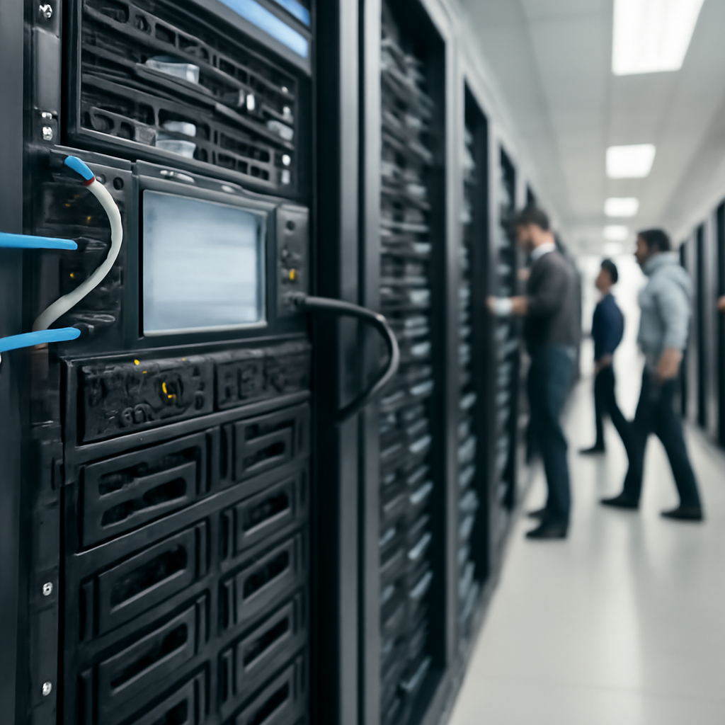 Technicians in a server room inspect equipment amidst rows of racks and storage devices.