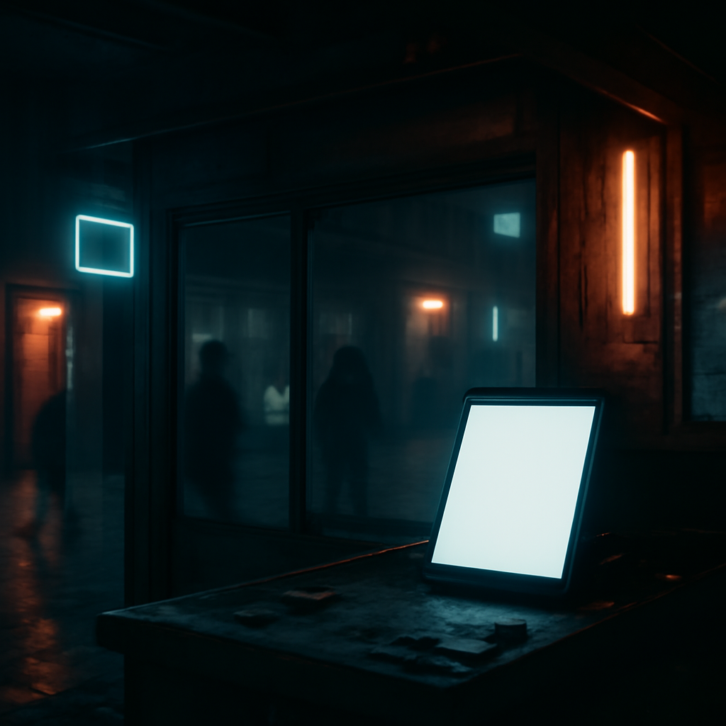Dimly lit storefront at night with scattered neon signs and a blank smartphone screen on a cluttered counter.