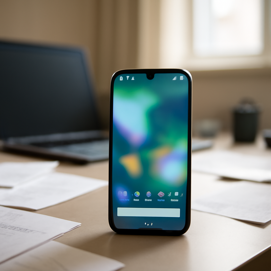 Smartphone on cluttered desk with blurred screen, laptop and papers nearby.