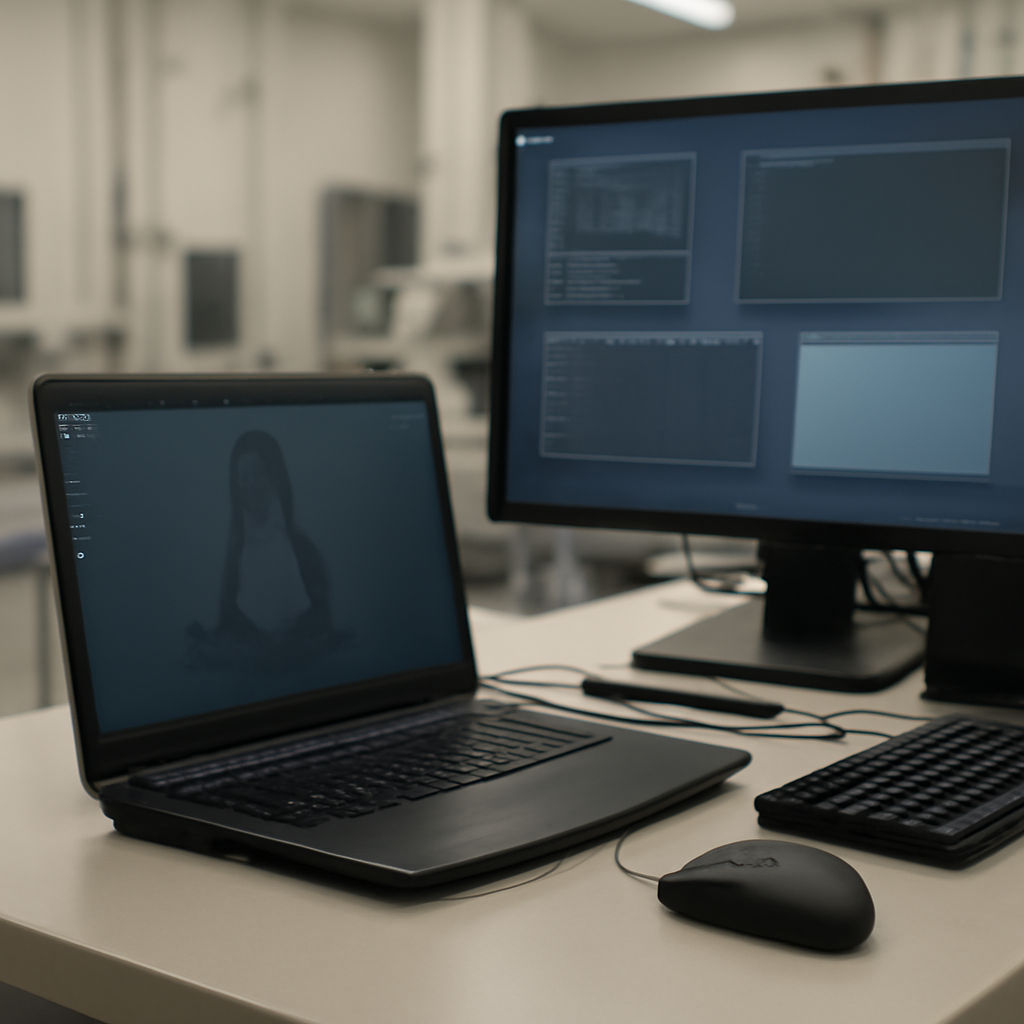 Linux workstation setup in a clean-room facility with a computer and generic terminals.