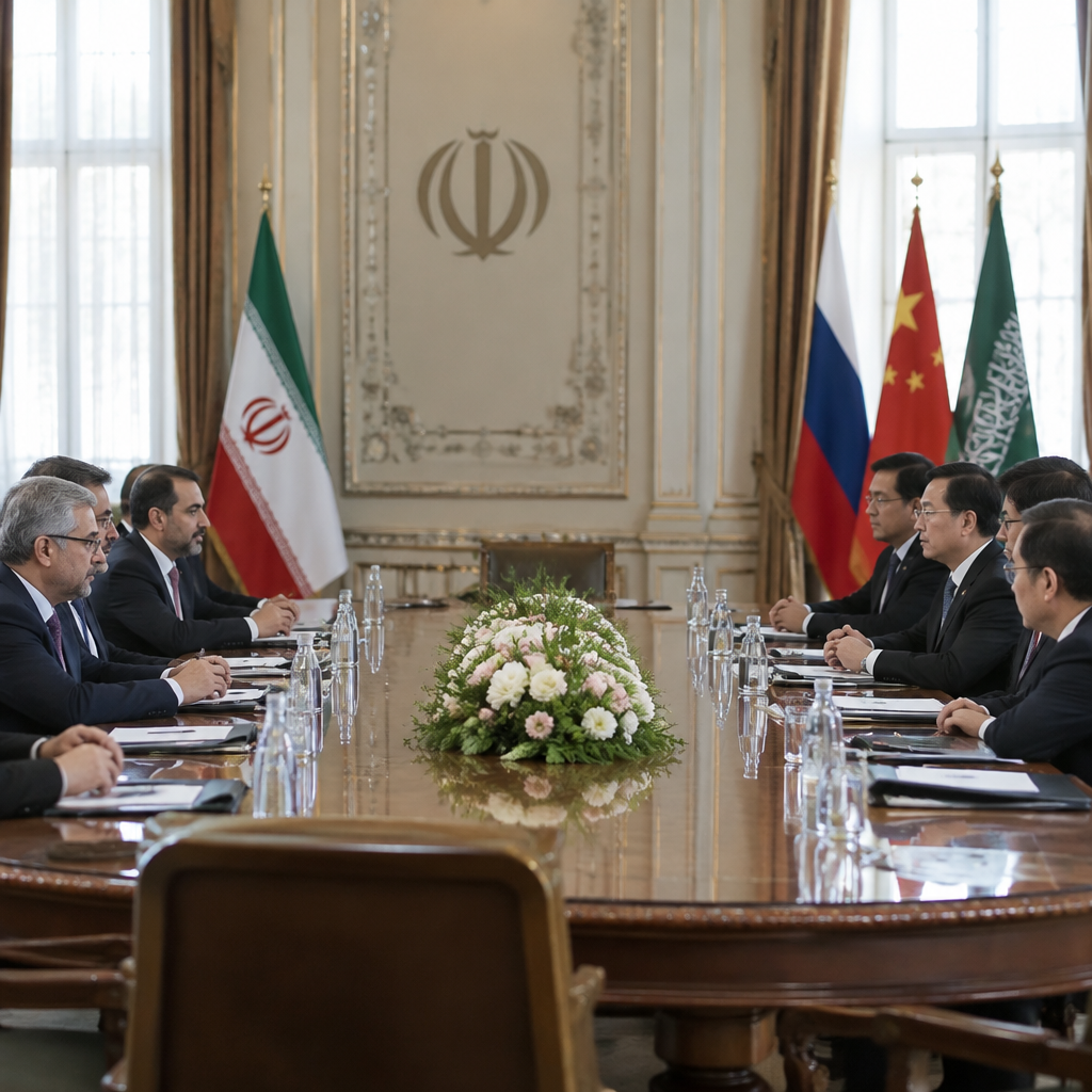 Officials seated around a large table in a diplomatic setting with national emblems in the background.