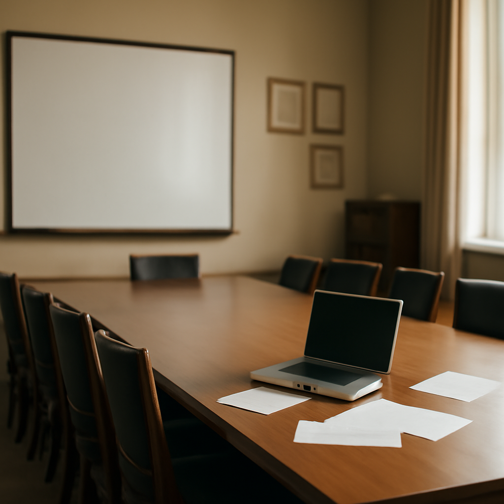 Formal conference room with laptop and papers on a table near a window.