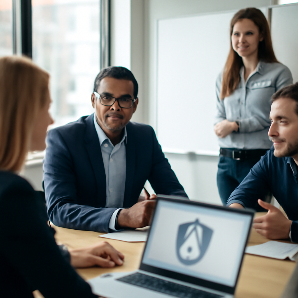Cybersecurity professionals gather around a laptop and whiteboard in a brightly-lit office conference room.