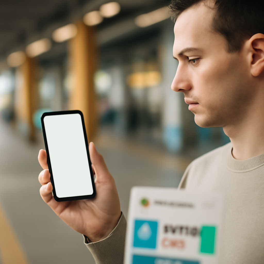 Person holding smartphone in public area with blurred screen and neutral expression.