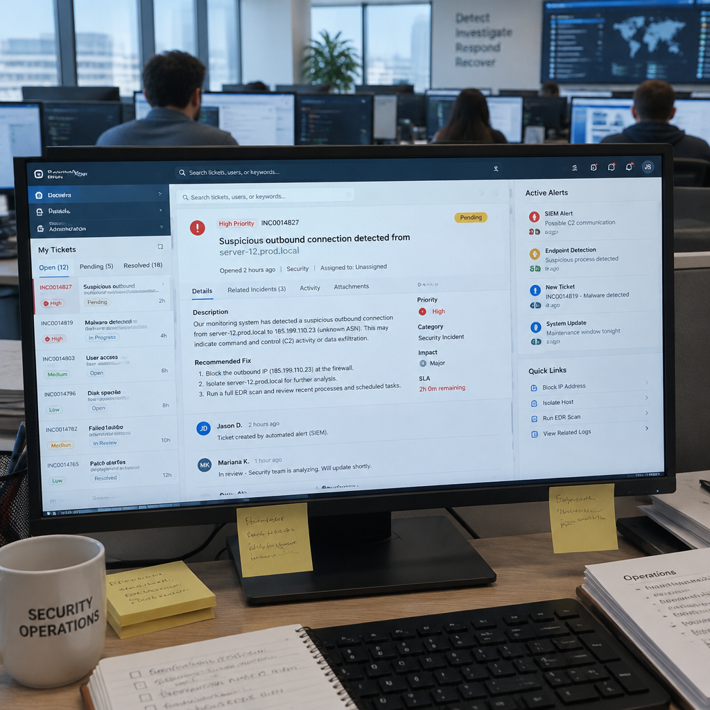 Help desk console with a prominent ticket on screen amidst other notifications and workstations in background.