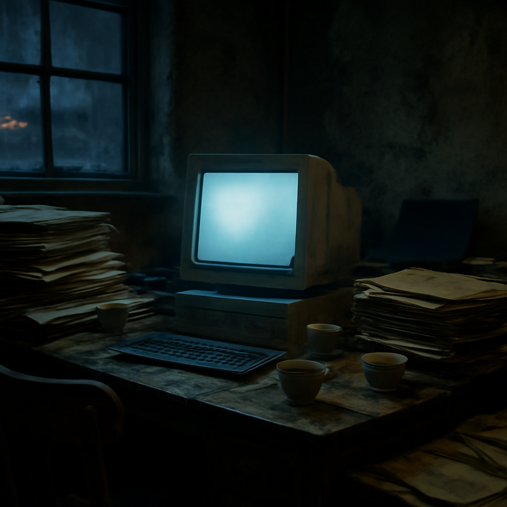 Dimly lit, cluttered room with computer and stacks of dusty papers.