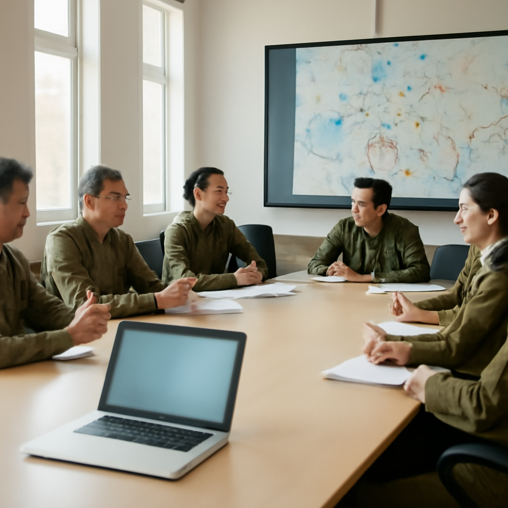 Military personnel in uniform discuss around a table with a laptop, in a briefing room with daylight from tall windows.