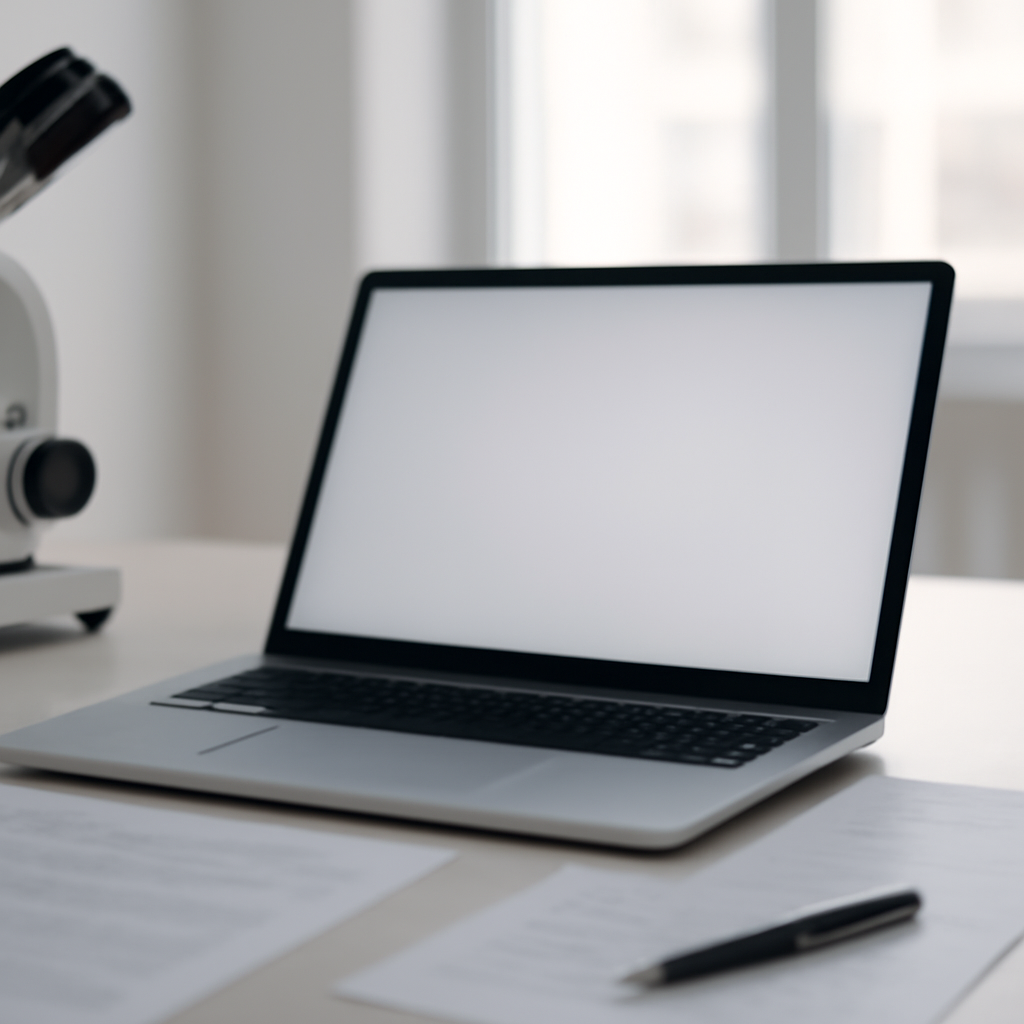 Laptop on a minimalist desk surrounded by technical instruments and papers in a bright room.