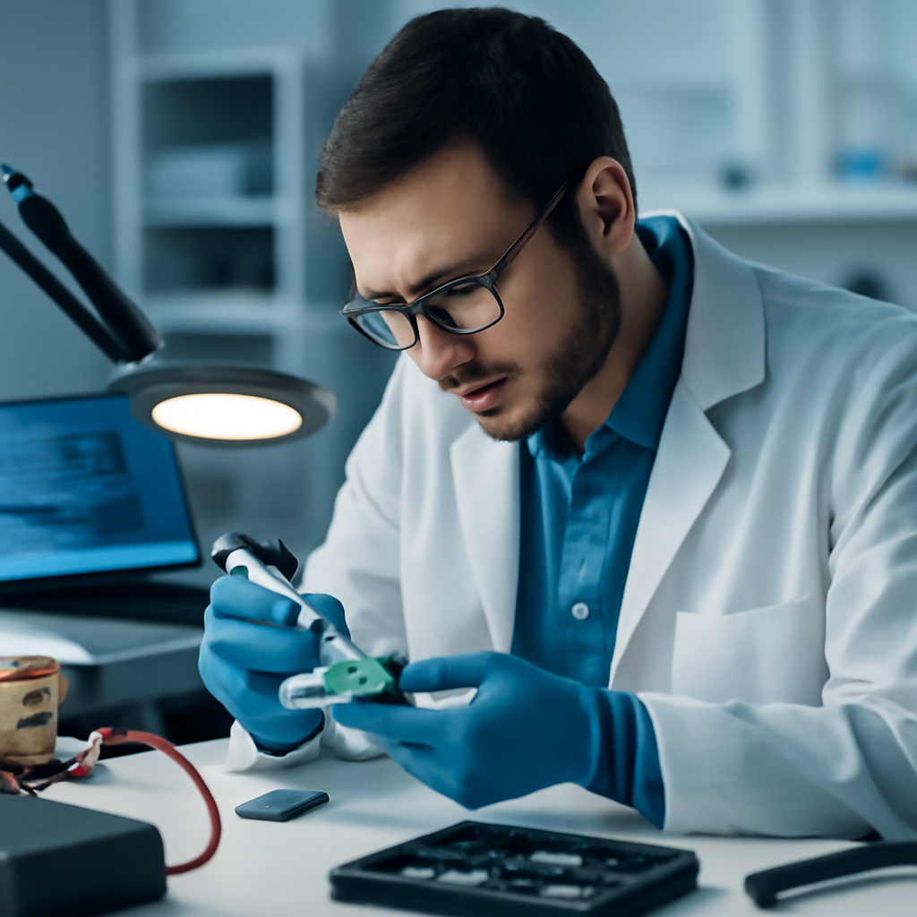 Security researcher analyzing a small device under a focused light in a lab.