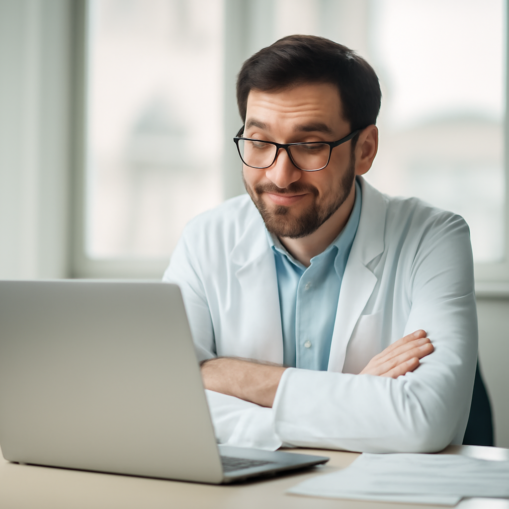 Researcher sits at desk with laptop, looking thoughtful near window.
