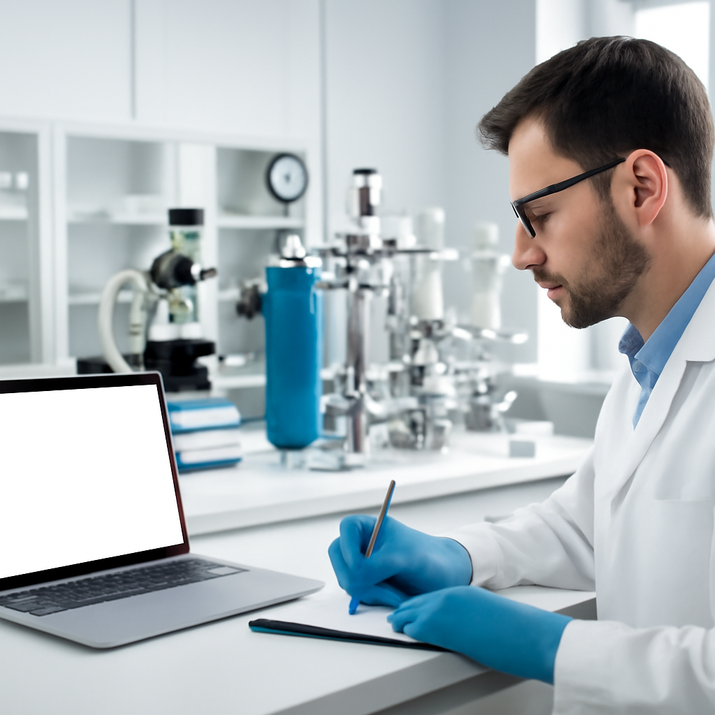 Researcher working at a laboratory bench with technical equipment and a laptop.