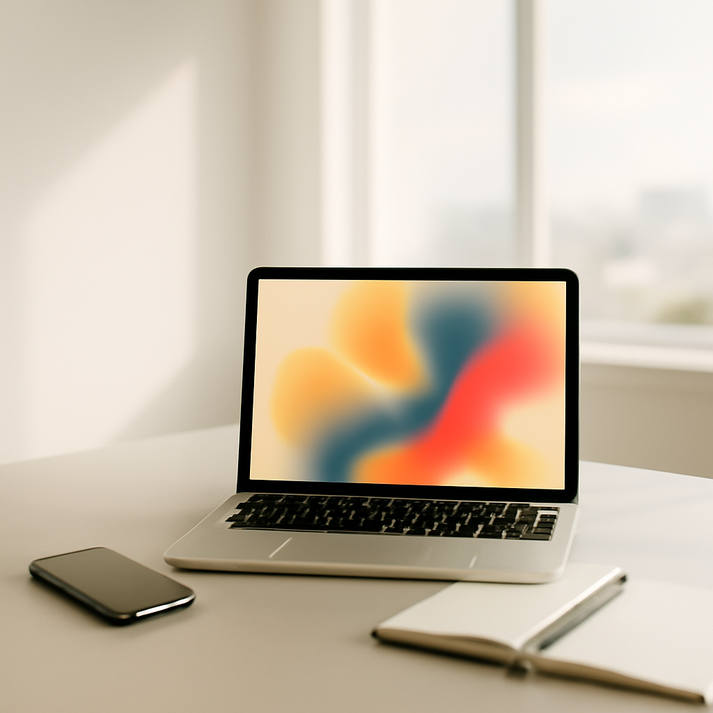 Laptop on a desk with smartphone and notebook nearby in a minimalist room with city view.
