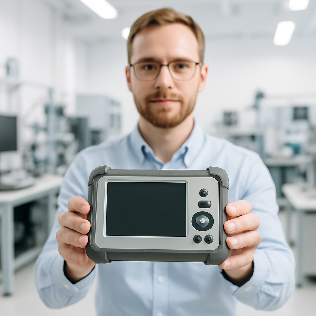 Researcher holds portable GPS interference detector in lab setting with technical equipment.