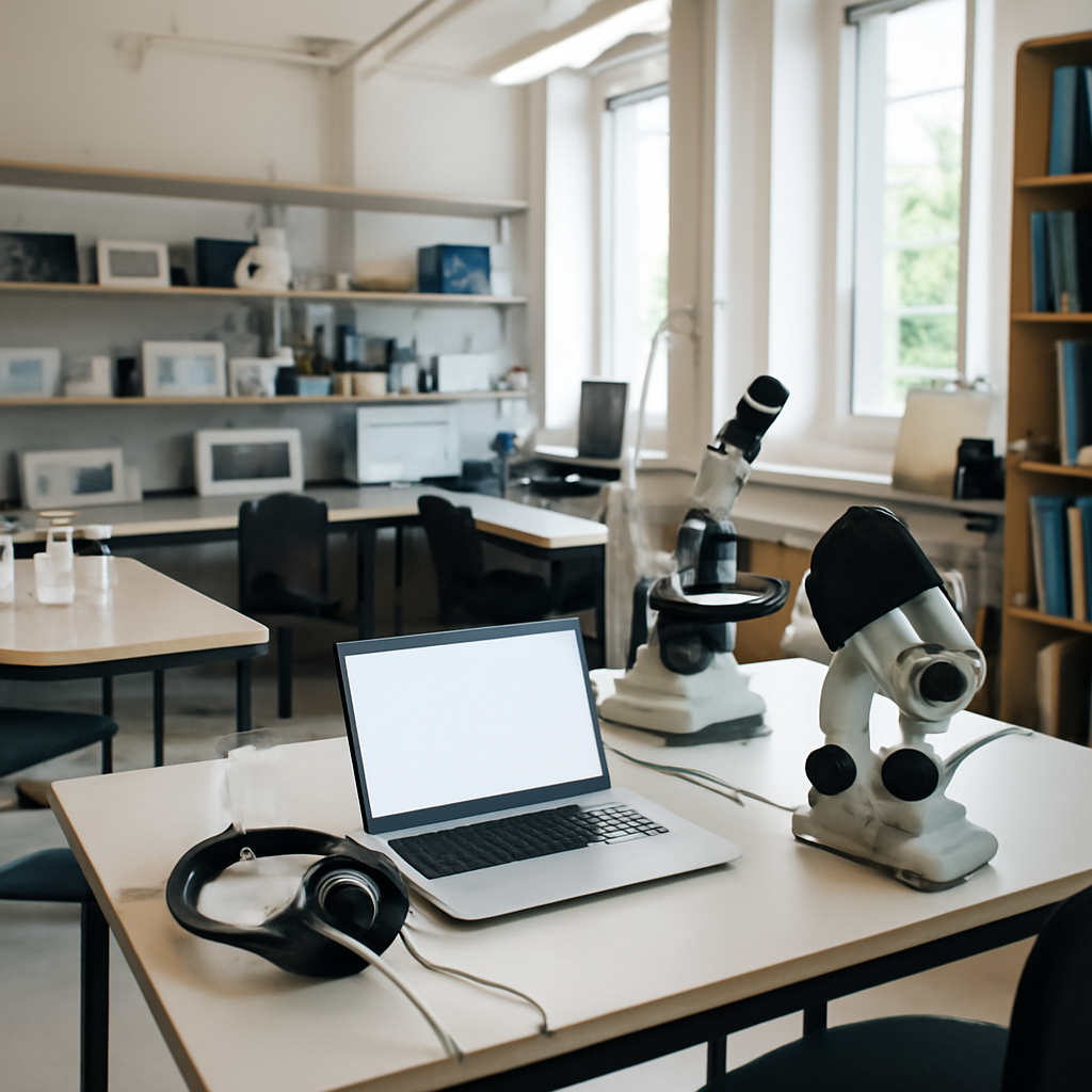 University research laboratory with workstations, equipment, and headphones connected to a laptop.