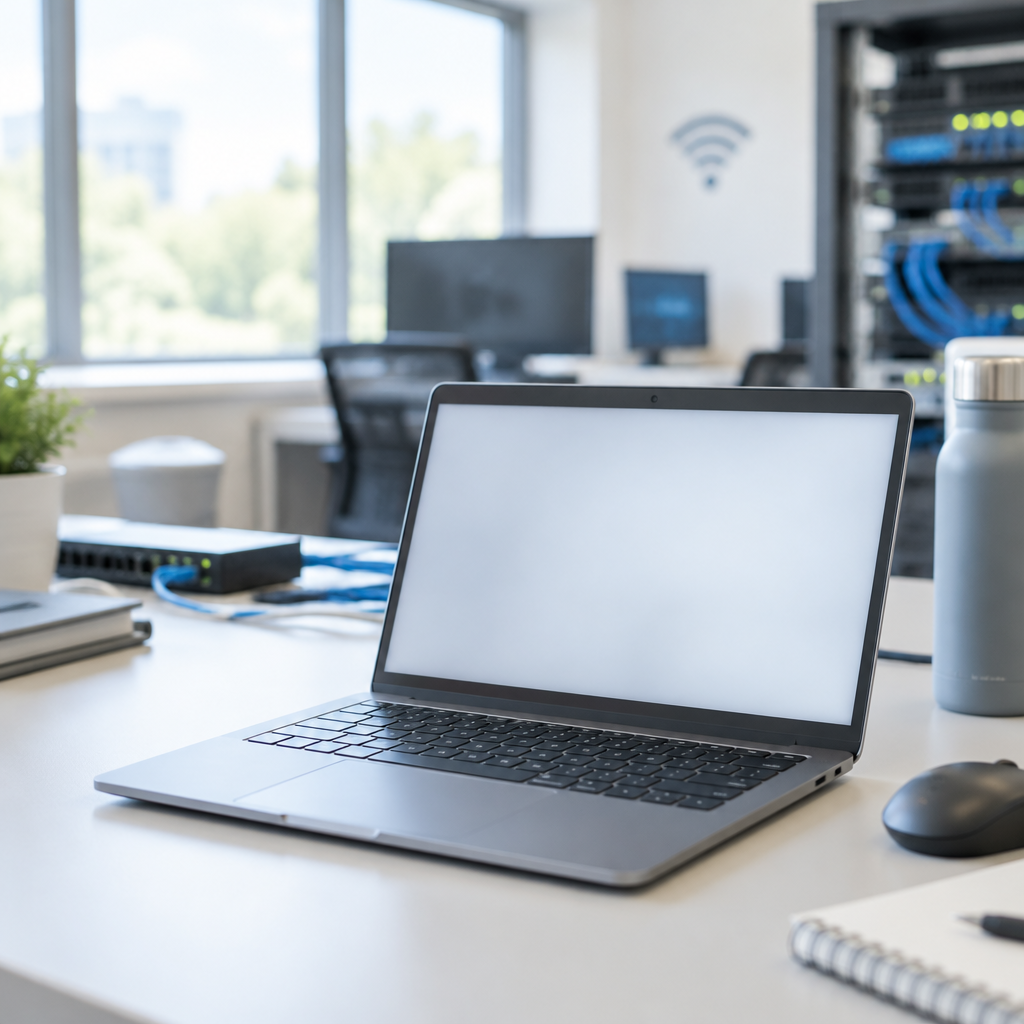 Modern computer lab with workstations and equipment, focusing on a laptop with a blank screen.
