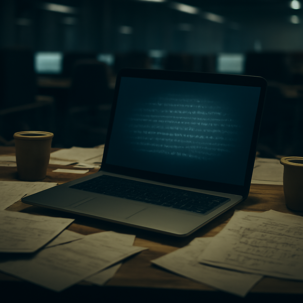 Cluttered computer workstation with laptop open, showing encrypted text on screen, surrounded by papers and notes.