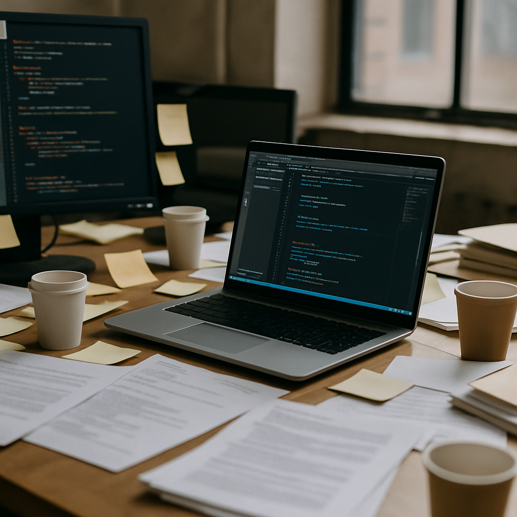 Cluttered software development workspace with VS Code on a central computer screen.