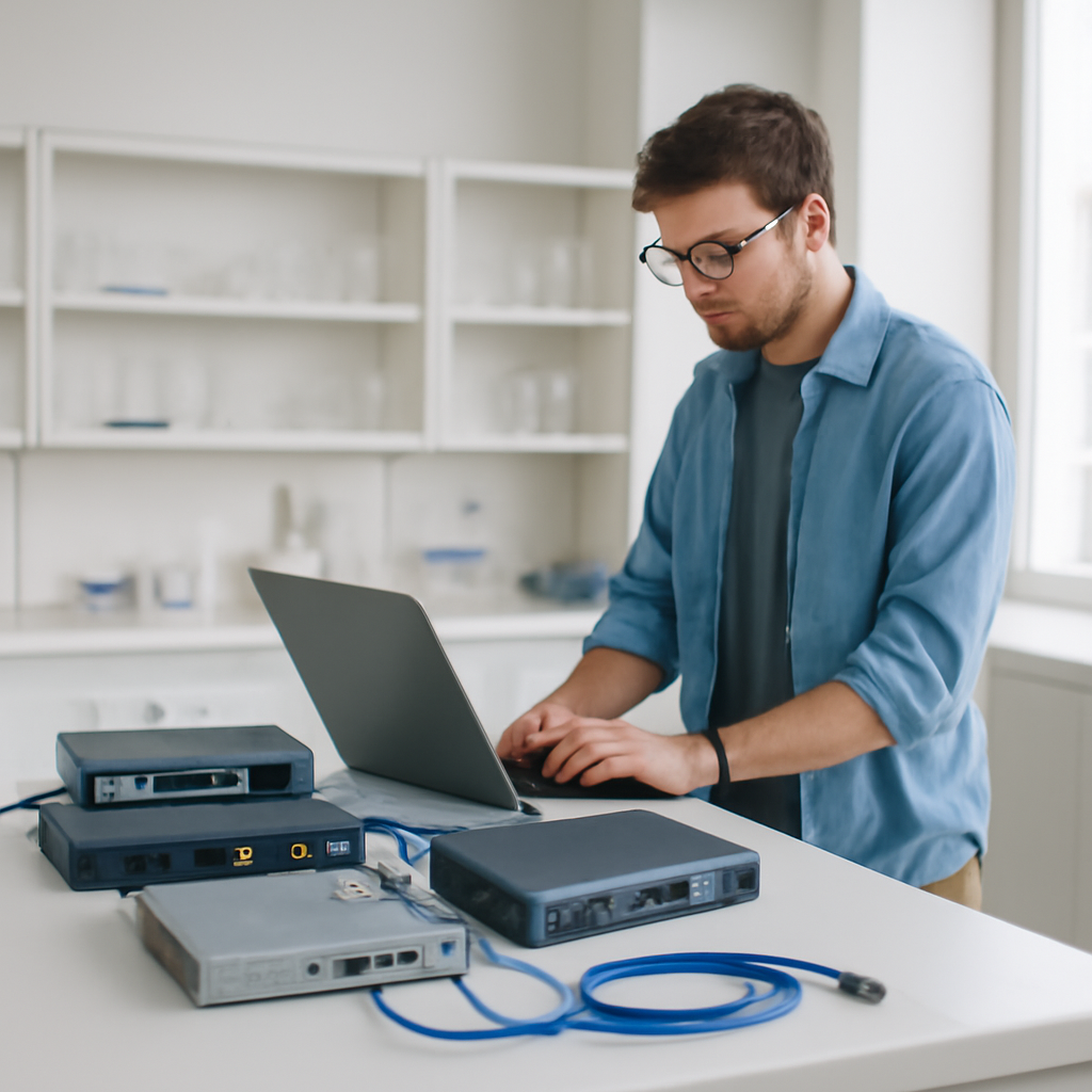 Researcher in a lab setting with telecommunications equipment at a bench.