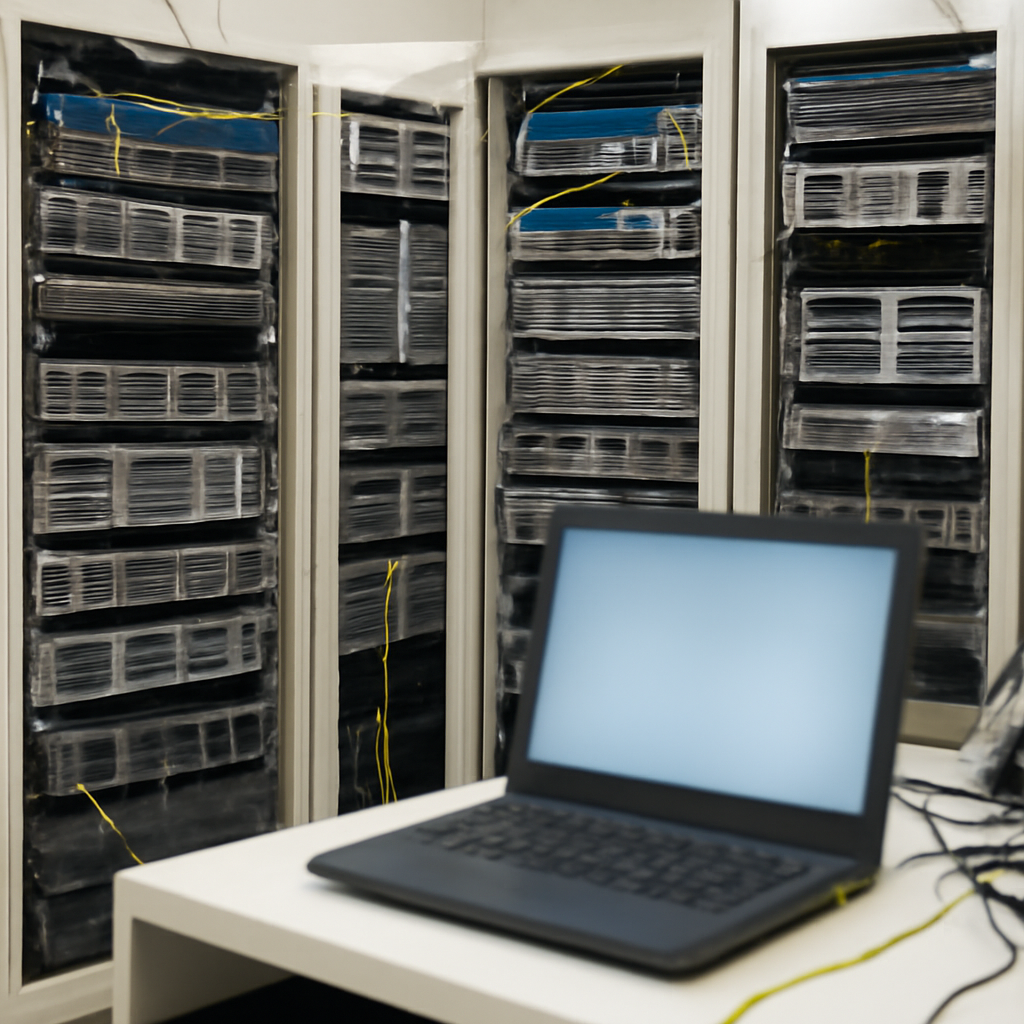Rows of computer servers and network equipment in a corporate server room with a laptop screen in the foreground.