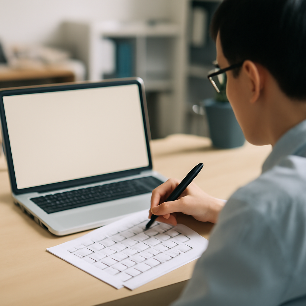 Person sitting at desk with laptop and puzzle piece, testing vulnerability in office setting.