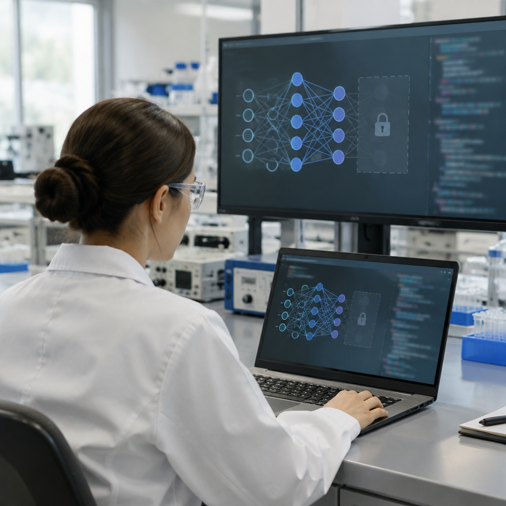Researcher examines neural network diagrams on laptop and large computer screen in lab setting.