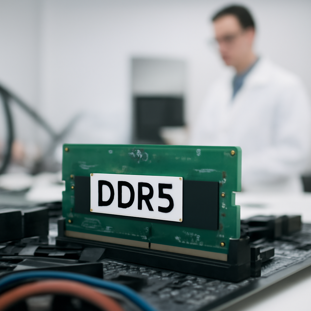 Close-up of DDR5 memory module on a computer motherboard in a lab setting.