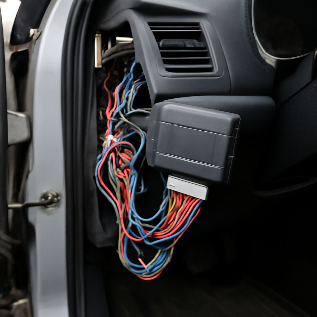 Close-up of car interior with exposed wiring and aftermarket alarm system on dashboard.