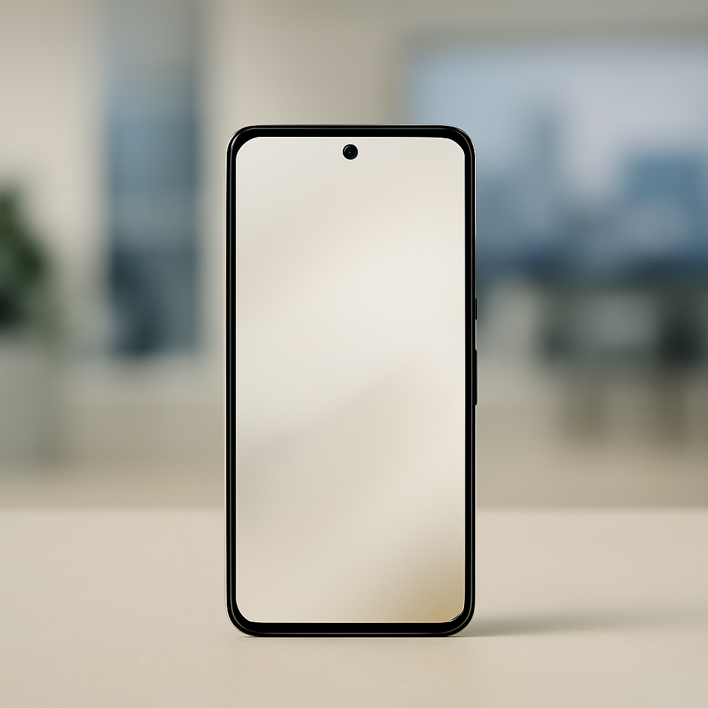 Google Pixel 10 smartphone centered on a neutral surface with blurred cityscape background.