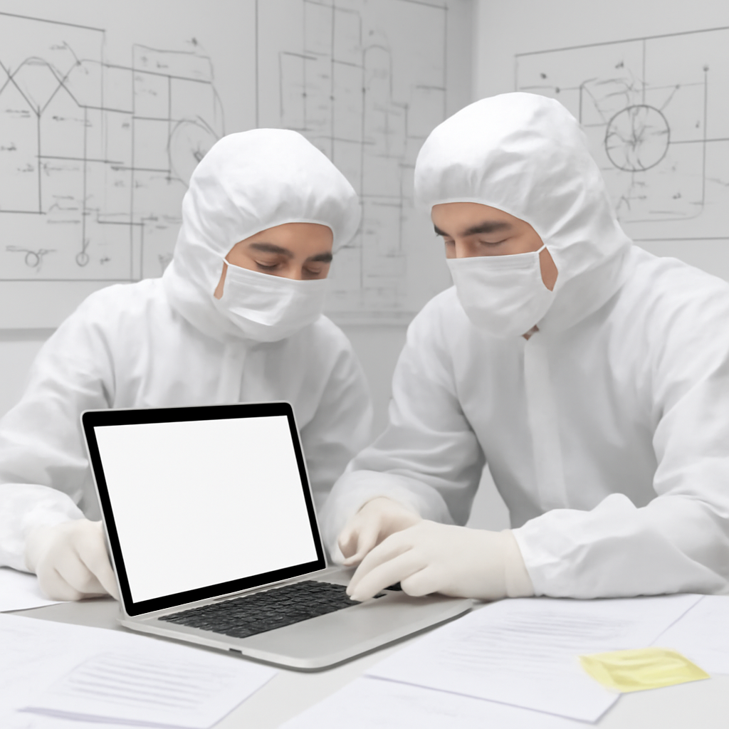Researchers working on a laptop in a clean-room setting surrounded by diagrams and notes.