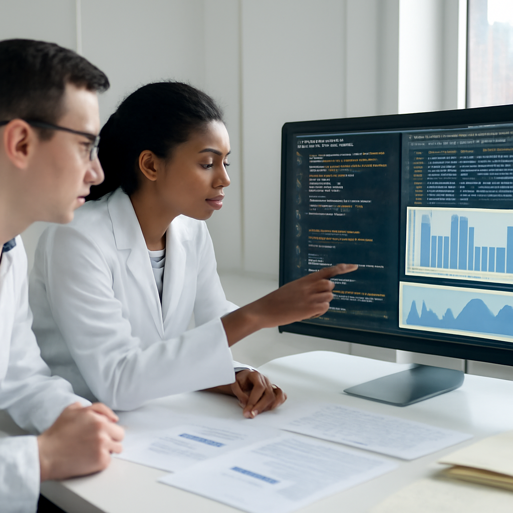 Researchers examine code and data visualizations on a computer screen in a bright, minimalist lab setting.