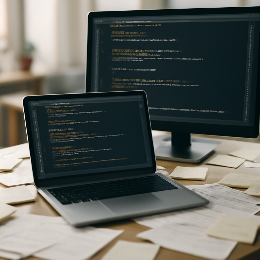 Cluttered workspace with laptop, notes, and code on a large monitor.