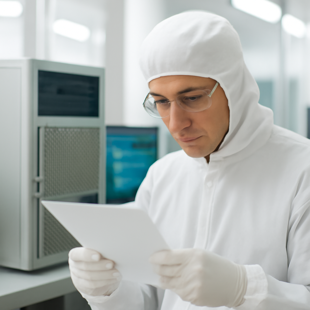 Researcher studies notes at a computer workstation in a bright, clean laboratory setting.