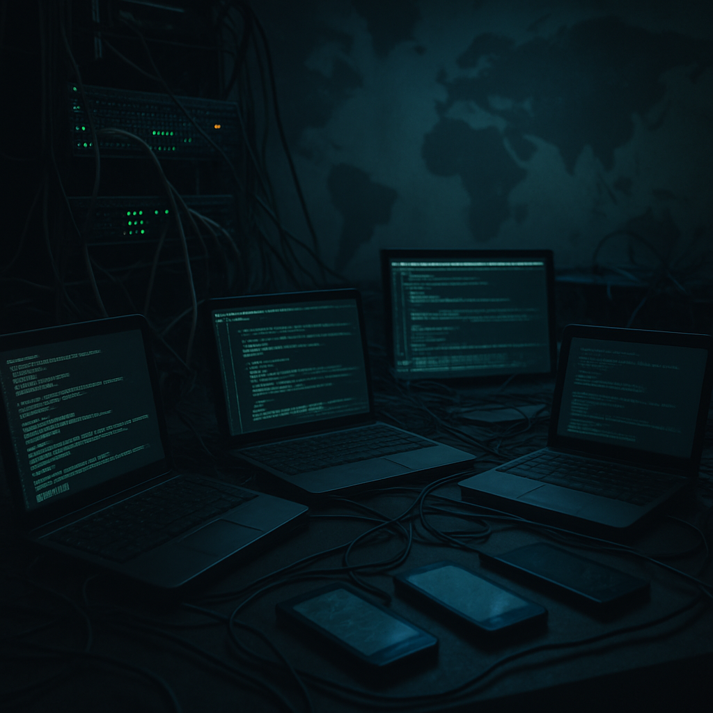 Cluttered server room with laptops, smartphones, and tangled cables, hint of a global map in the background.