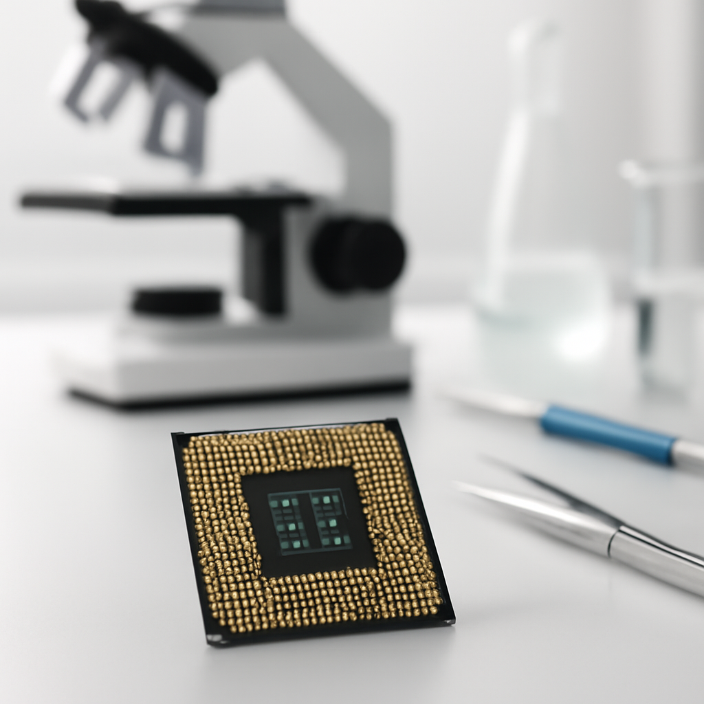 Computer processor on a laboratory bench with scientific instruments in the background.