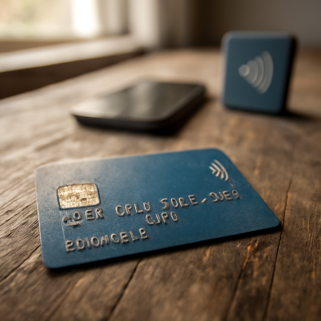 Expired contactless credit card on a worn wooden table with a blurred smartphone and NFC device in the background.