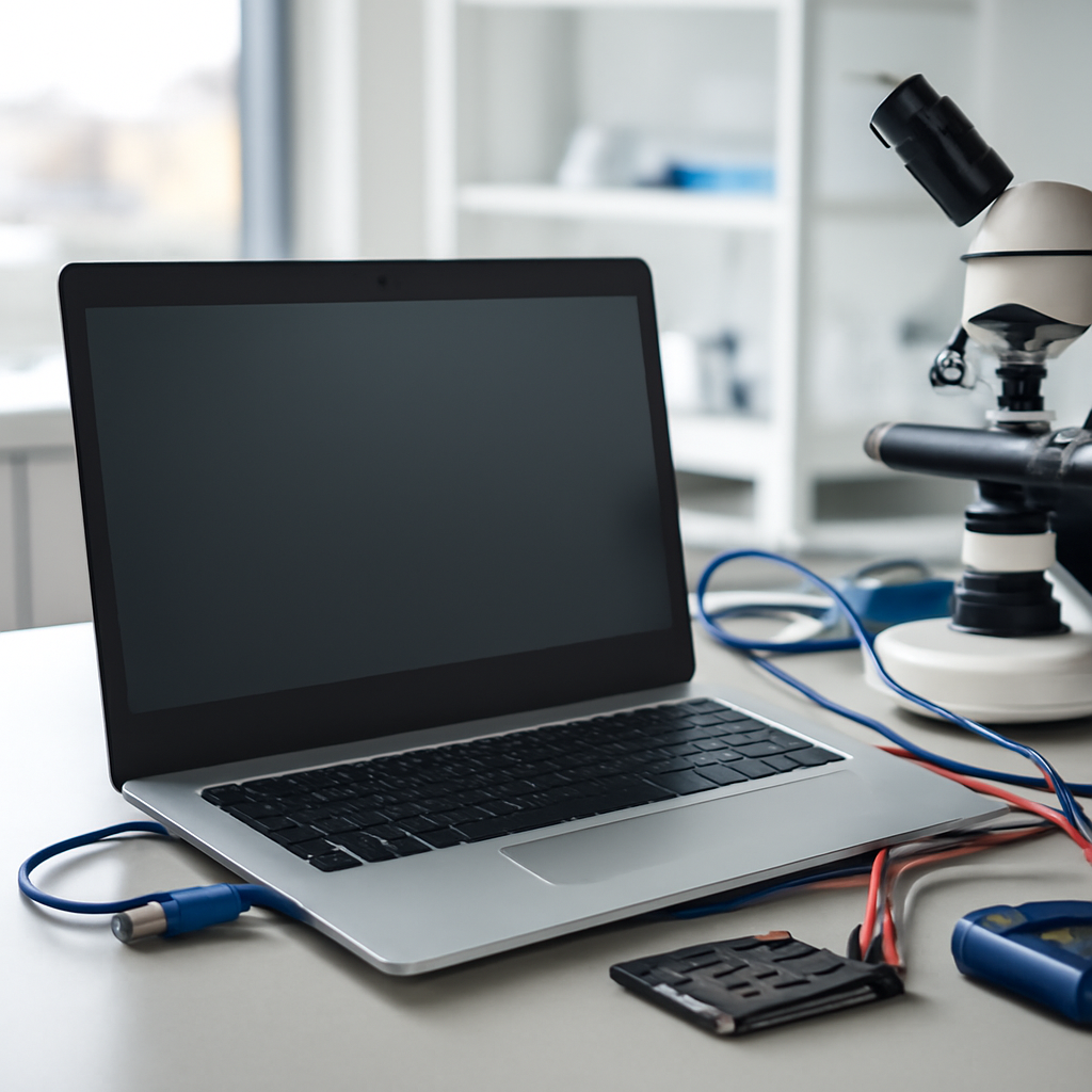 Laptop on a workbench with USB device plugged in, surrounded by security research equipment.