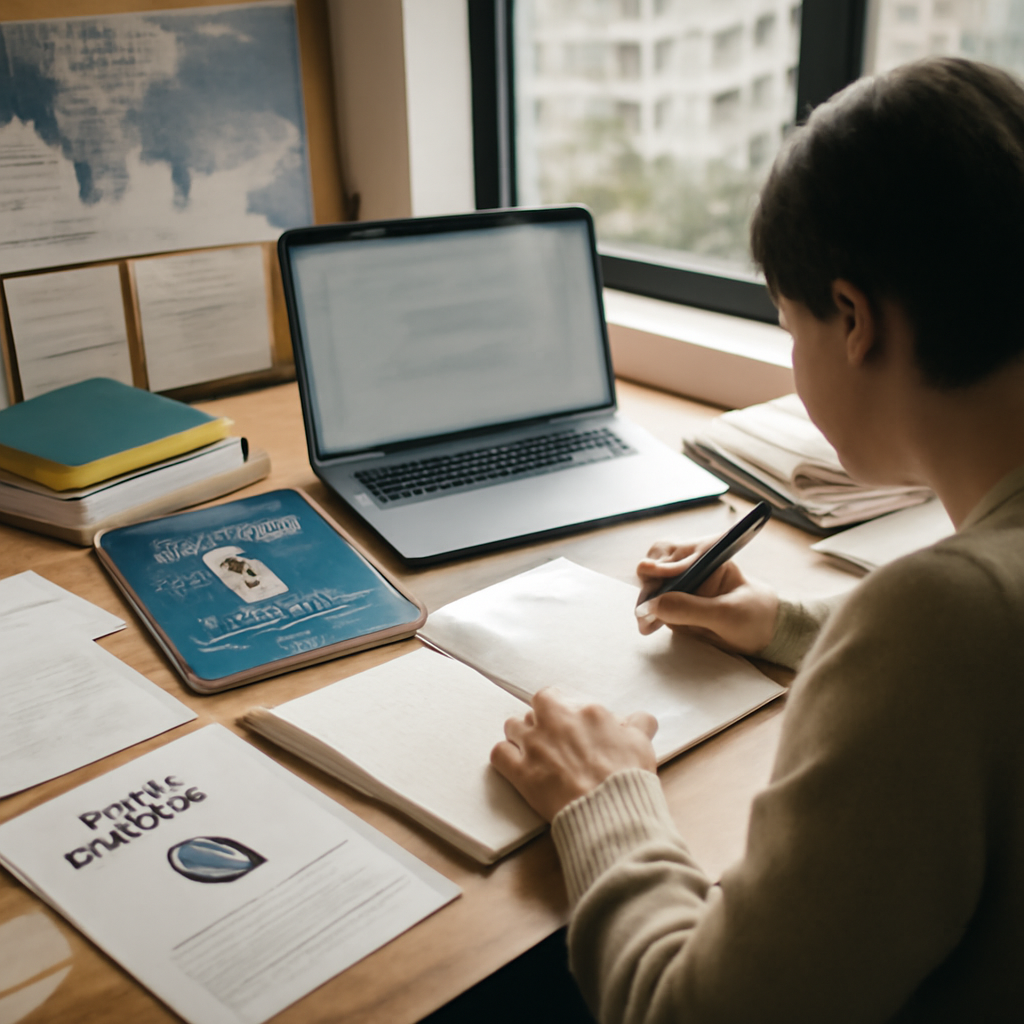Researcher working at cluttered desk with laptop and notes, surrounded by cybersecurity materials and overlooking cityscape.