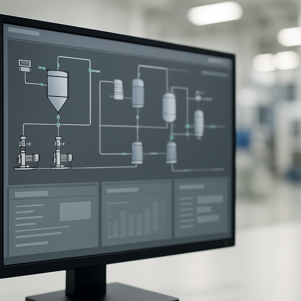 Industrial control system interface on a computer screen with blurred machinery in the background.