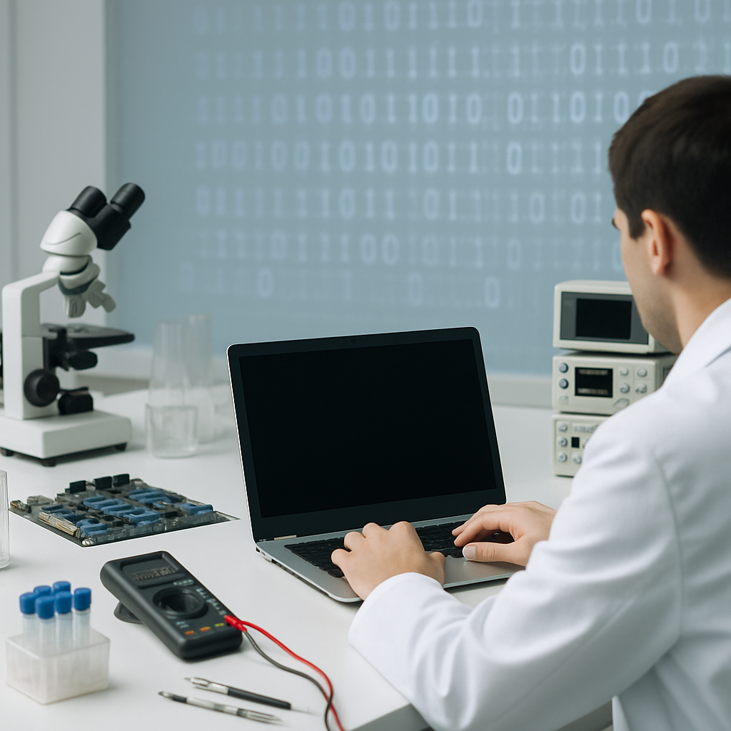 Researcher working on computer in laboratory setting with technical equipment.